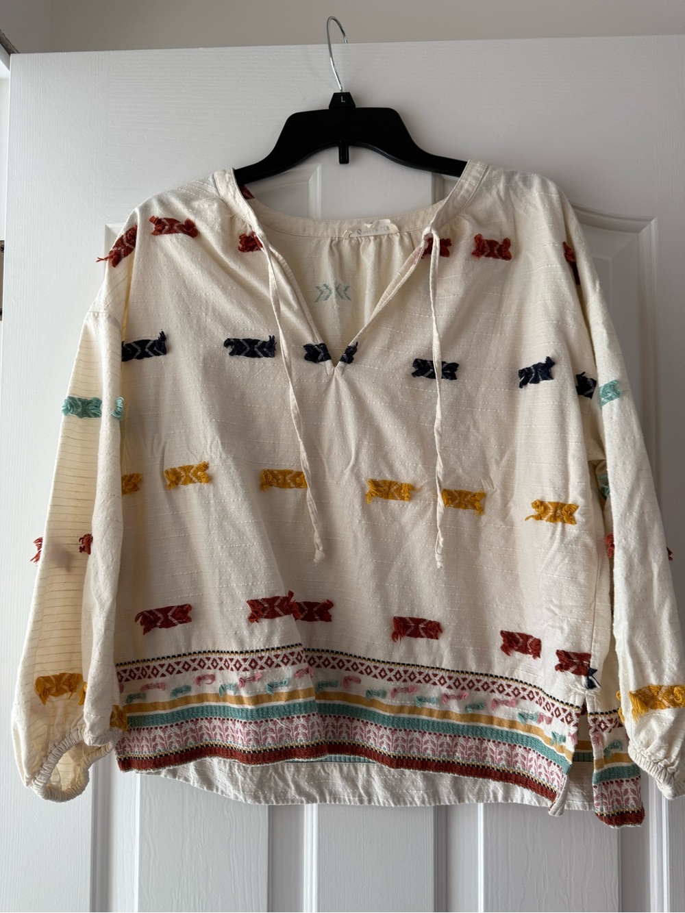 Lou & Grey Cream Embroidered Peasant Blouse with Multicolor Embroidered Accents
